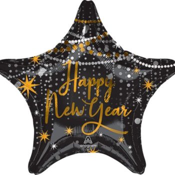 A star-shaped balloon with 'Happy New Year' in gold and silver.