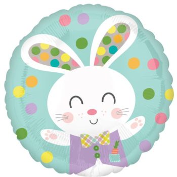 Cute bunny illustration with colorful polka dots and a bow tie.