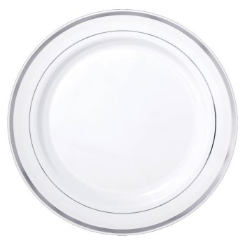 White ceramic plate with silver rim.