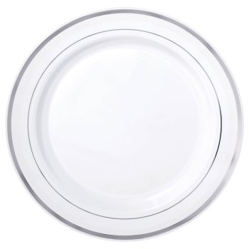 White plate with silver rim, empty.