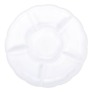 White ceramic divided serving platter, top view.