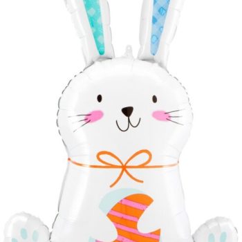 A cute white bunny balloon with blue ears and a colorful carrot.
