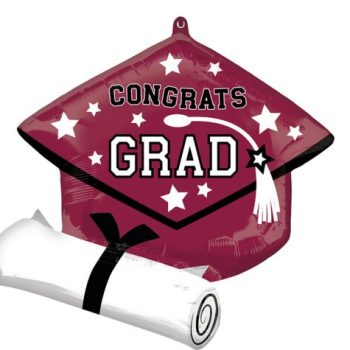 Graduation cap balloon with diploma roll.