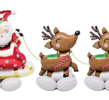 Santa Claus inflatable with sleigh and reindeer.