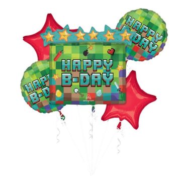Colorful Happy Birthday balloon bouquet with stars and balloons.