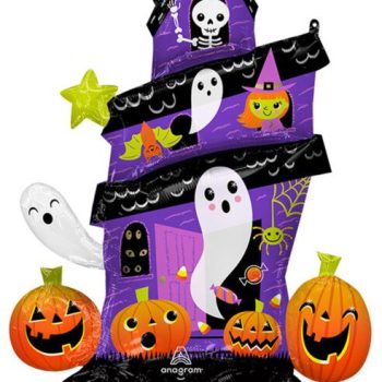 Halloween-themed haunted house with ghosts and pumpkins.