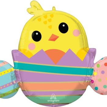 Cartoon chick balloon in colorful egg.