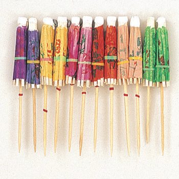 Colorful cocktail umbrellas lined up vertically.