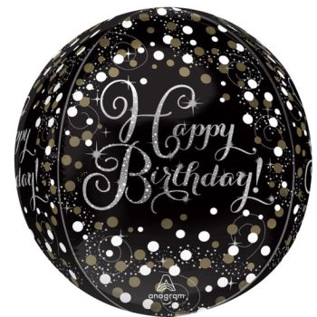 Black balloon with silver polka dots and 'Happy Birthday!' text.