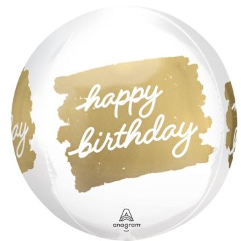 White balloon with gold paint and 'happy birthday' text.