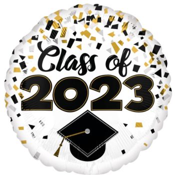 Class of 2023 graduation balloon with confetti.