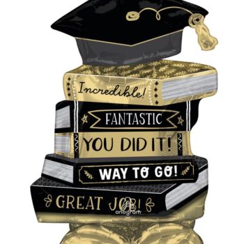 Graduation-themed balloon stack with congratulatory messages.