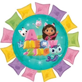 Colorful cartoon-themed balloon with animals and girl.