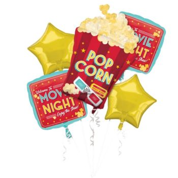 Colorful popcorn and movie night balloons with stars.