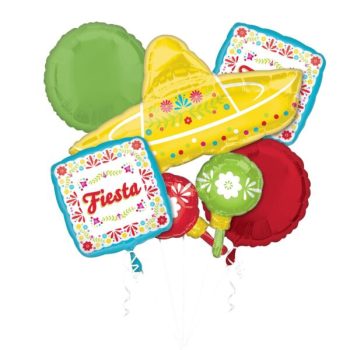 Colorful fiesta-themed balloons with maracas and sombrero designs.