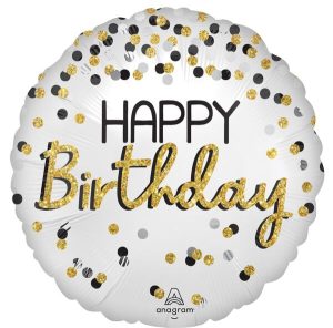 A white balloon with gold and black dots saying Happy Birthday.