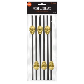 Black straws with gold skull decorations.