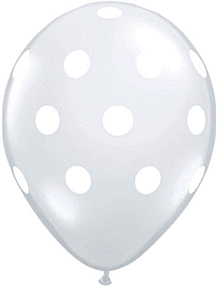 Transparent balloon with white polka dots floating.