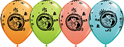Colorful balloons with monkey face prints and stars.