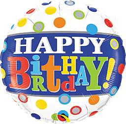 Colorful Happy Birthday balloon with polka dots.