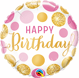 Colorful Happy Birthday balloon with pink and gold dots.