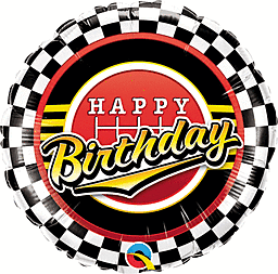 Colorful happy birthday balloon with checkered border.