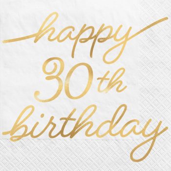 Gold "Happy 30th Birthday" on white background.