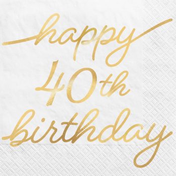 Gold "Happy 40th Birthday" on white background.