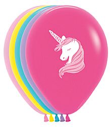 Colorful balloons with a unicorn design on the front one.