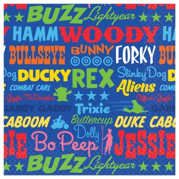 Toy Story character names in colorful typography.