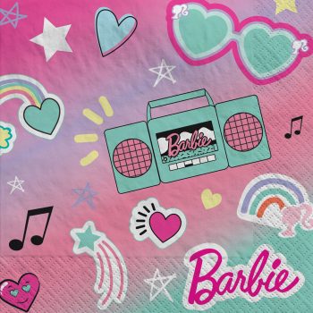 Colorful Barbie-themed design with hearts and rainbows.