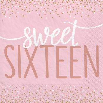Pink sweet sixteen party napkin with confetti.