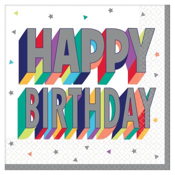 Colorful Happy Birthday text with geometric patterns.