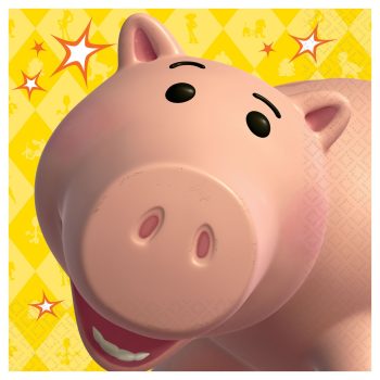 Smiling cartoon pig with yellow background.