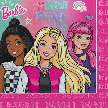 Three Barbie dolls with motivational text.