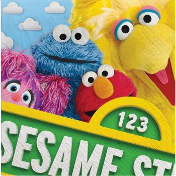 Sesame Street characters smiling with clouds background.