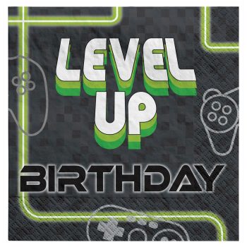 Level Up Birthday design with game controllers.