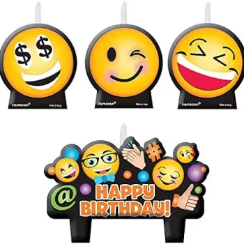 Emoji-themed birthday candles with playful designs.