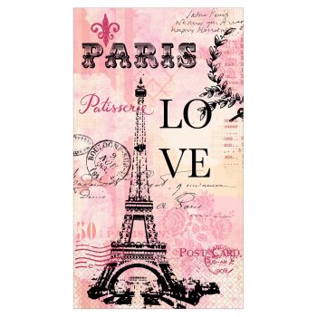 Pink Paris postcard with Eiffel Tower design.