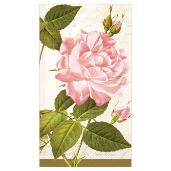 Pink rose illustration with green leaves.