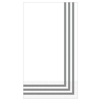White napkin with gray stripes and patterns.