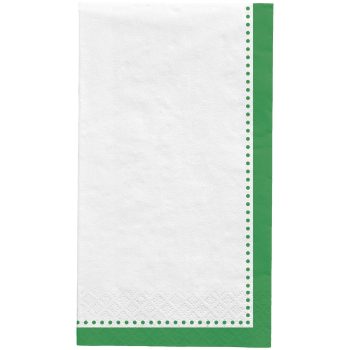White napkin with green border and dots.