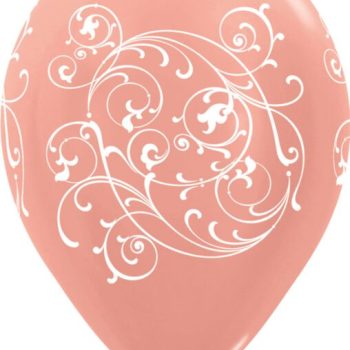 Pink balloon with white floral swirl design.