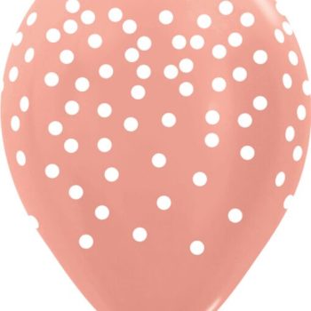 A pink balloon with white polka dots.