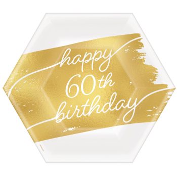 Metallic Golden Age Happy 60th Birthday Hexagonal Paper Dessert Plate, 7in, 8ct