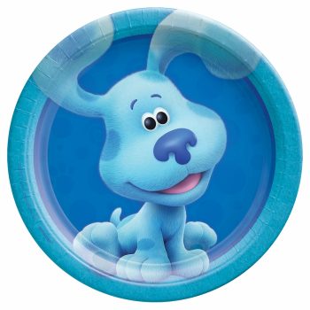 Cartoon blue dog on a round plate.