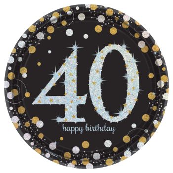 Birthday plate with "40" and glittery design.