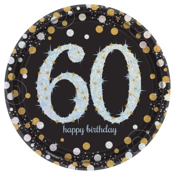 60th birthday plate with sparkles and dots.