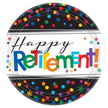 Colorful confetti design with 'Happy Retirement!' text.