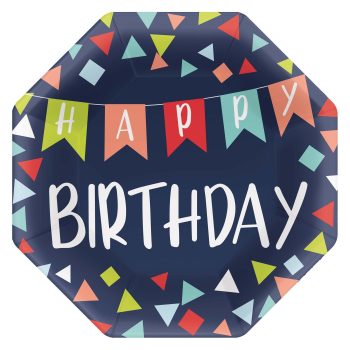 Colorful "Happy Birthday" banner with geometric shapes.